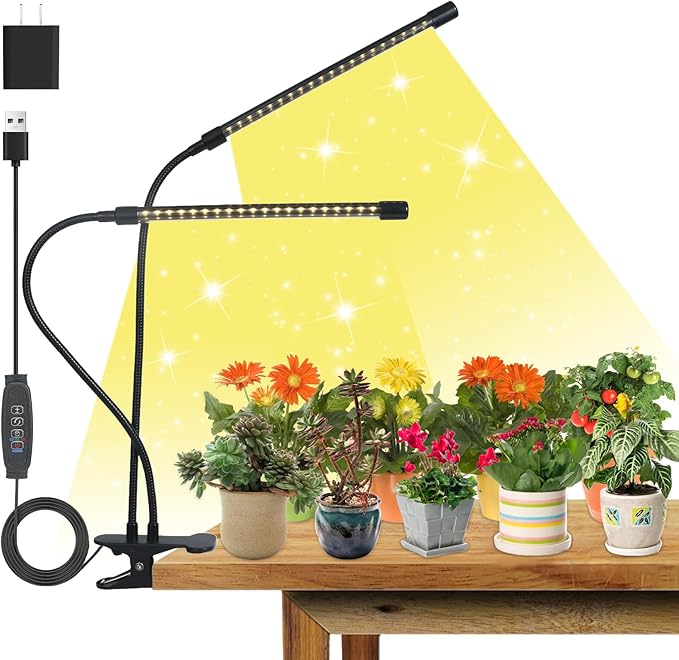 Grow Lights for Indoor Plants,Plant Light with Full Spectrum,10 Dimmable Level, 3/9/12H Timer,3 Switch Modes, Adjustable Gooseneck,2 Heads Clip-On