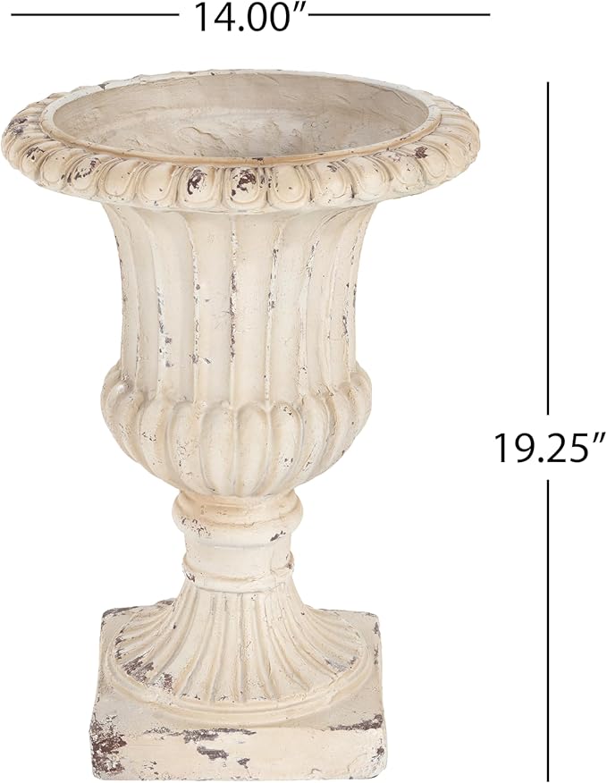 GDFStudio Lightweight Concrete Garden Urn Planter,Hand-Painted Outdoor Decorative Pot with Drainage Hole & Stopper,No Assembly Needed,Weather-Resistant for Patio,Entryway, 19.25'' H Antique White