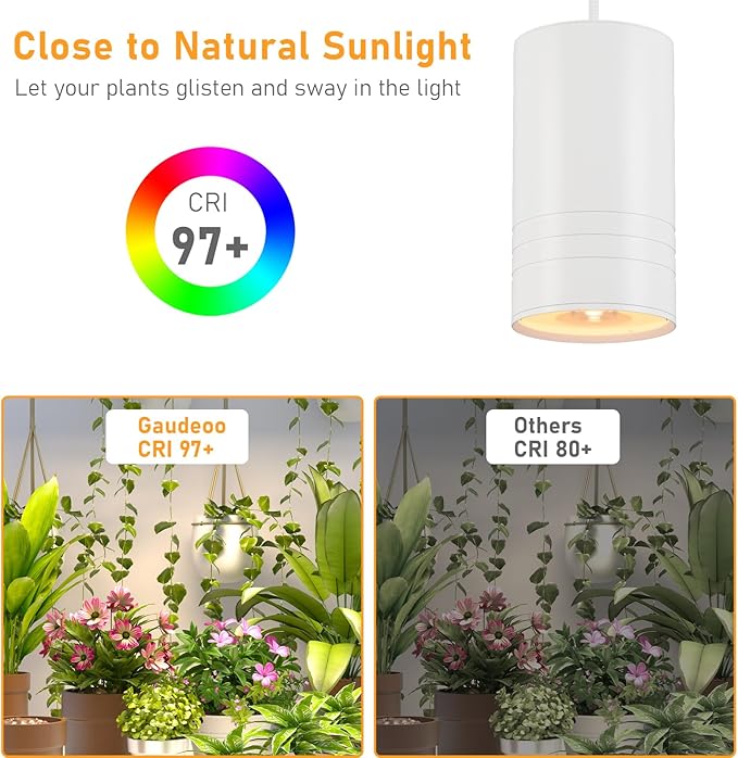 Hanging Grow Lights for Indoor Plants Full Spectrum, Pendant Spotlight Plant Grow Light for Large Tall Plant, Garden, Herb, Seed, with Timer and 15ft Braided Power Cord, 40W 3000K, Full Aluminum White