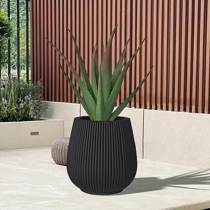 TerraDeco 16 Inch Handmade Concrete Outdoor Planter - Classic Striped Design | Fiberglass & Composite Material | Durable for Commercial & Home Decor
