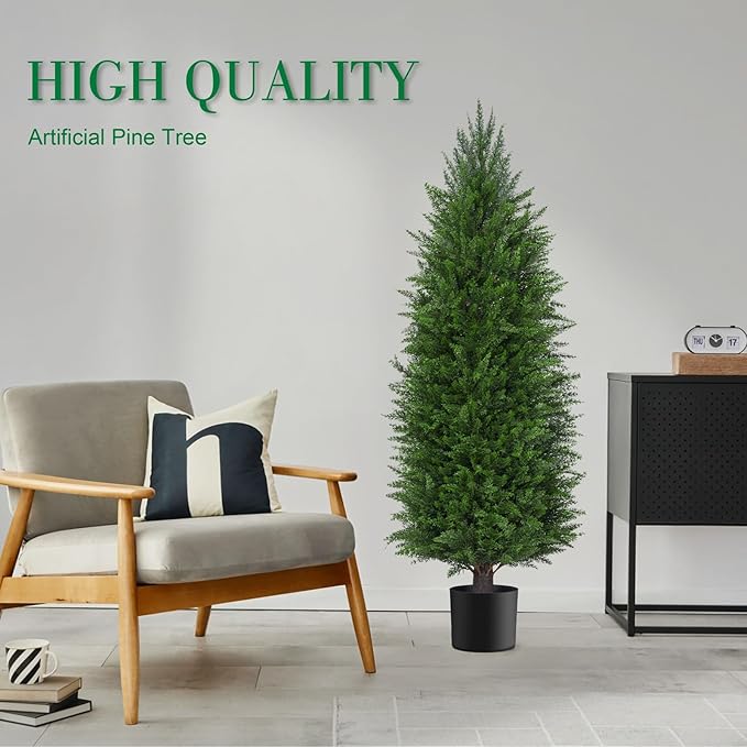 AOKIIE 5FT Artificial Topiary Cedar Plants Outdoor, Faux Pine Trees UV Resistant and Potted, 72 Inch Tall Fake Shrubs Evergreen for Front Porch Decor Set of 2