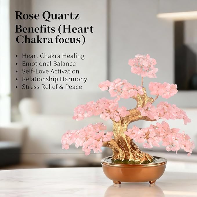 MASGEMES Rose Quartz Crystal Tree Bonsai, Handmade (360 Large Beads) Gemstone Tree of Life Gift for Women Chakra Energy for Home Decor, Office Decor,Healing Crystal Money Tree 8''