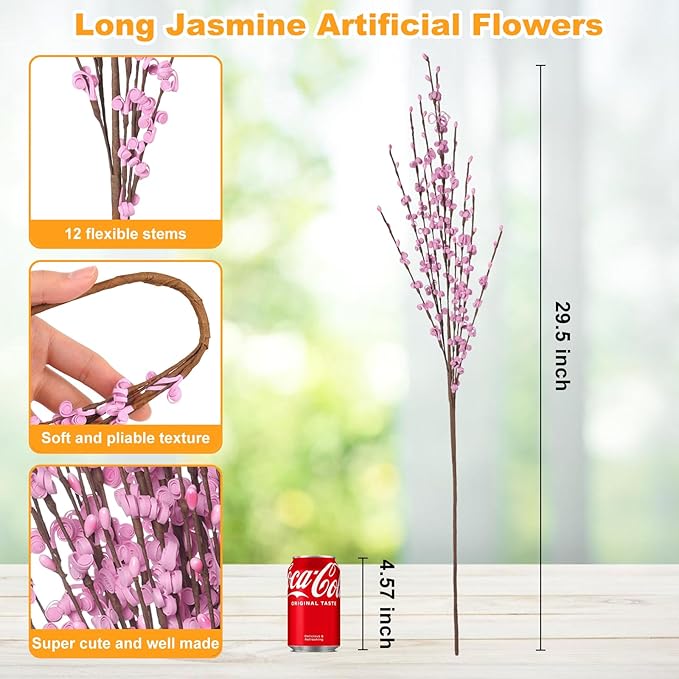 10 Pcs 29.5" Long Jasmine Artificial Flowers Fake Flowers Dry Branches Stem for Home Office DIY Floral Art Plant Wedding Table Centerpieces Restaurant Vase Decoration (Macaron Pink)