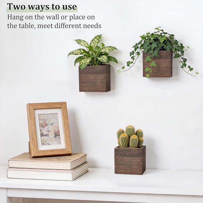 Dahey Small 4 Inch Wood Wall Hanging Planter Boxes for Indoor Plants 3 Pack Square Rustic Farmhouse Wall Mounted Flower Pot Vases with Plastic Liner for Flower Greenery Garden Home Centerpiece Decor