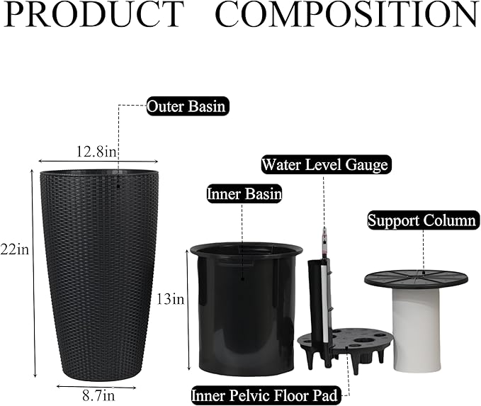 Vigo huseeo 22" Tall Planter Set of 2, Large Self Watering Pots for Indoor/Outdoor Plants with Drain Holes, Water Level Monitor, Inner Bucket for Front Porch Patio, Black Rattan Conical