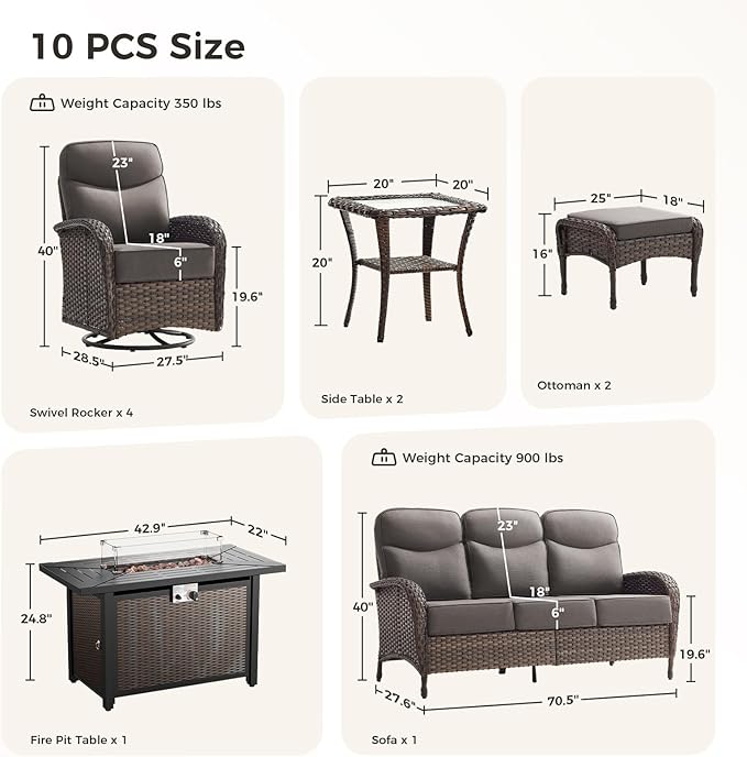 Luxury Patio Furniture Set with Fire Pit Table, Outdoor Furniture Set with High Back Swivel Chairs & 6-inch Thick Cushions, 10 PCS Fire Pit Patio Set for Yard, Deck, Poolside, Brown/Grey