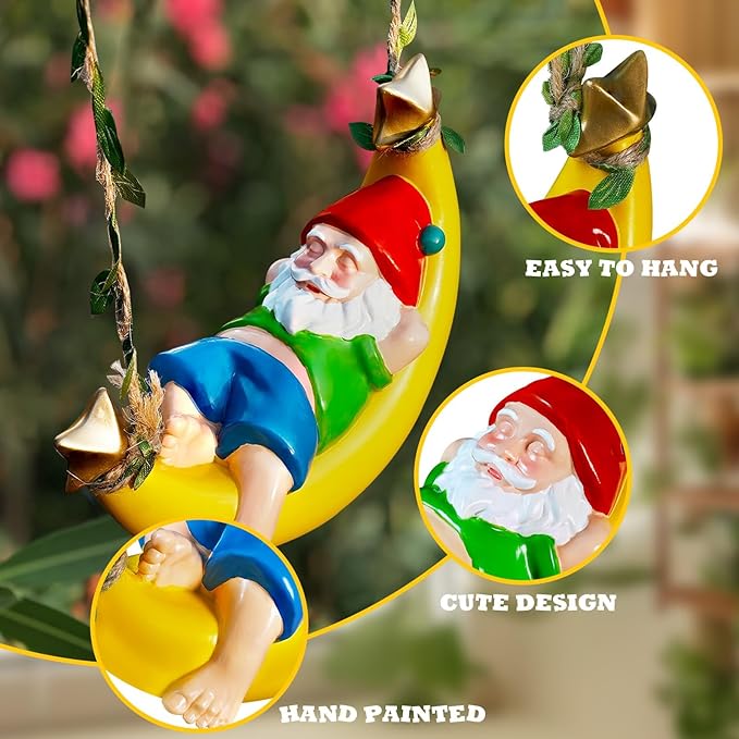 Easinine Hanging Gnome Statue Resin Moon Hammock Gnome Yard Decor for OutdoorHome Garden Decor Gifts for Mom Women and Man