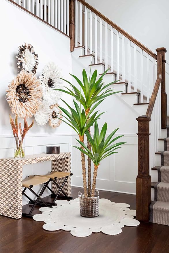 Artificial Tree Indoor 5.57Ft Faux Agave Plant Tree Fake Tropical Yucca Tree with 3 Heads in Pot Fake Dracaena Plants Potted Palm Tree Floor Plant Home Decor Modern Office Decoration Housewarming Gift