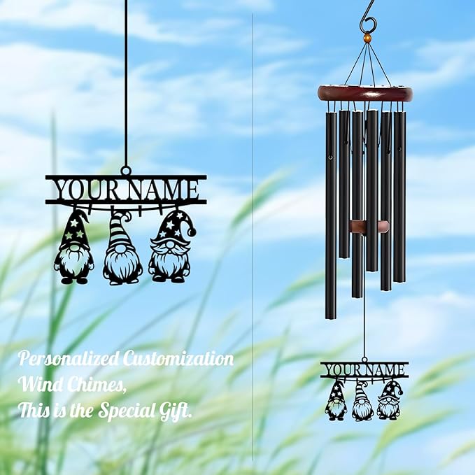 Personalized Customize Name Gnome Wind Chime, Metal Iron 37 Inch Outdoor Memorial Gift for Garden Yard Patio Home Decor, Black，Christmas (Style F)