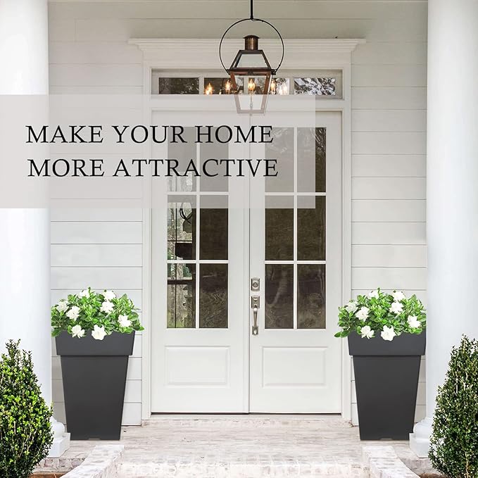 Tall Planters for Outdoor Plants, 20 Inch Movable Drainage Large Outdoor Planter Indoor Planters, Set of 2 Plastic Planters for Front Porch Door Garden Balcony Deck, Dark Gray 20"