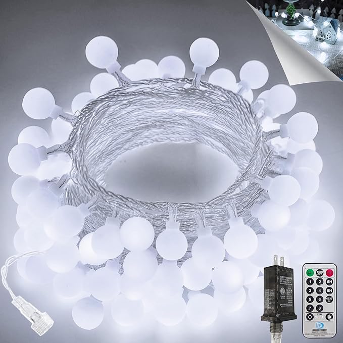 100LED Connectable String Lights Indoor Outdoor for Bedroom, 43ft White Globe Lights Plug in with Remote & Timer, 8 Lighting Modes Waterproof Fairy Light for Room Classroom Wedding Christmas Decor