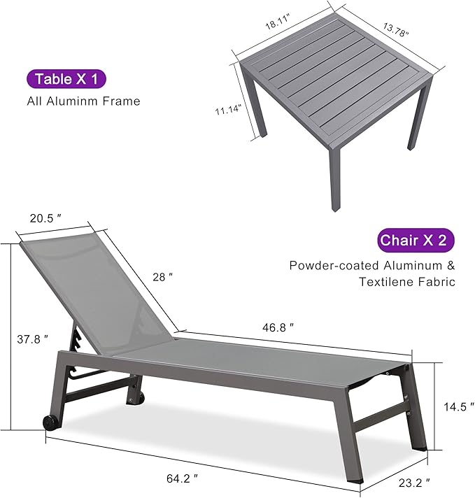 PURPLE LEAF Outdoor Lounge Chair Set for 2 Aluminum Patio Chaise Lounger with Wheels and Adjustable Backrest Pool Reclining Lounge Chairs for Beach Yard Poolside Table Included, Light Grey