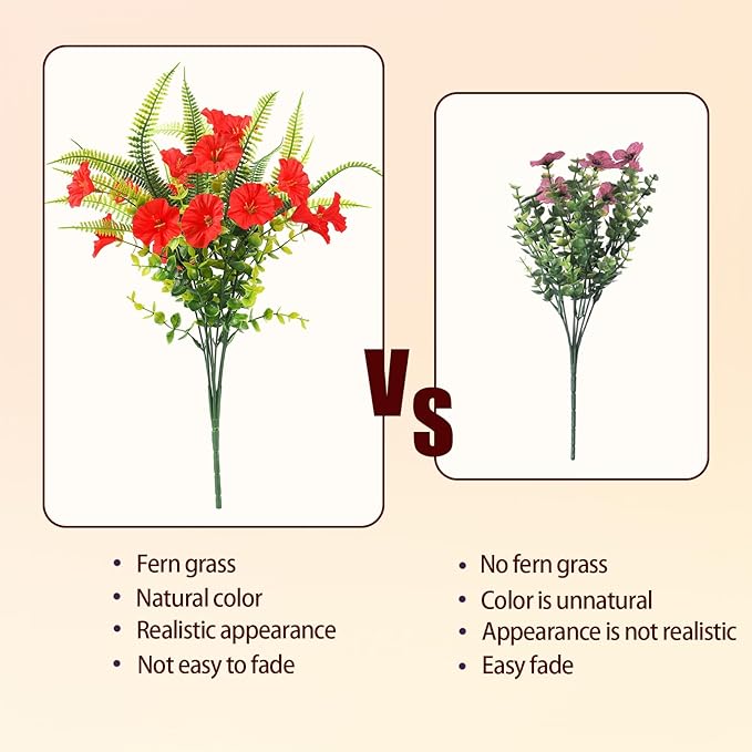 HIAGROW Artificial Flowers Outdoors 12 Bundles Artificial Petunias Fake Flowers UV Resistant Shrubs Plants with Fern for Indoor Outside Hanging Planters Home Garden Summer Decorations (Red)
