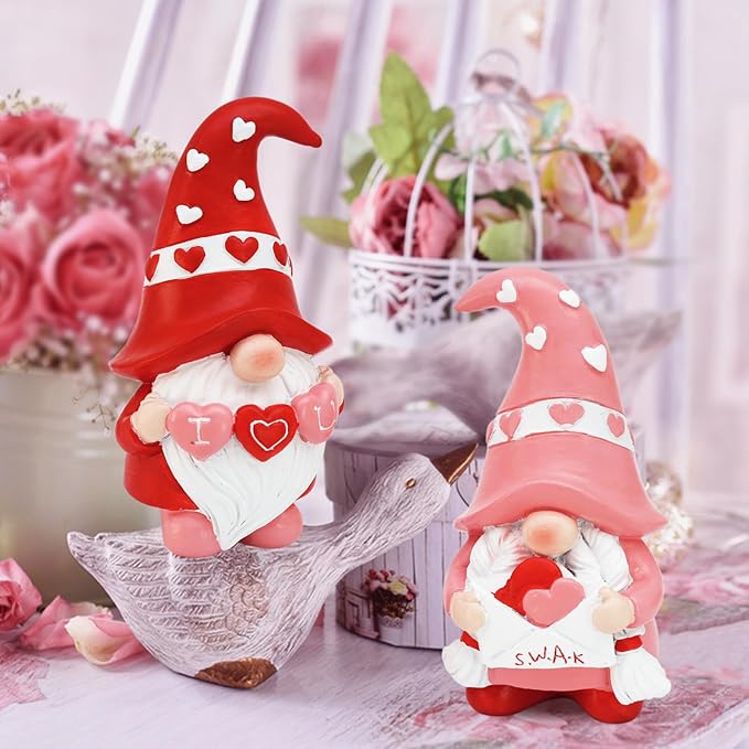 Valentines Day Decorations - Resin Valentines Gnomes Gift for Her - Valentines Day Tiered Tray Decor - Pink Love Valentine Mantle, Table Shelf Display
