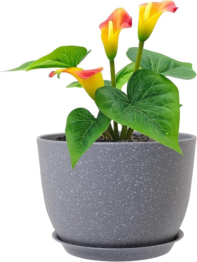 Meowell Plant Pots 12 inch, Plastic Planters with Drainage Holes and Saucers, Large Flower Pots for Indoor Outdoor Plants, Modern Decorative Pots for Garden House Plants, Speckled Grey
