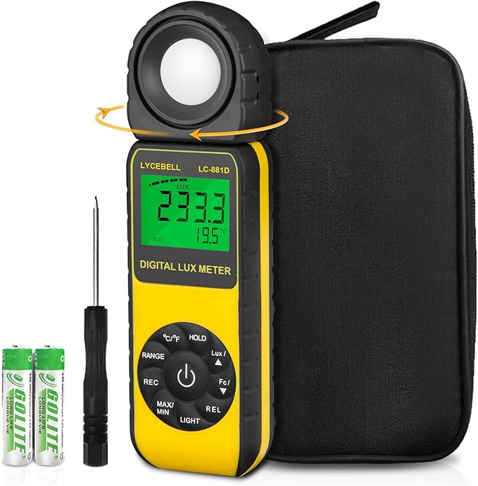 LYCEBELL Digital Illuminance Light Meter, LC-881D Luxmeter Range up to 400,000 Lux with 270º Rotated Date Hold Max/Min Backlit for Photography Plant LED Light