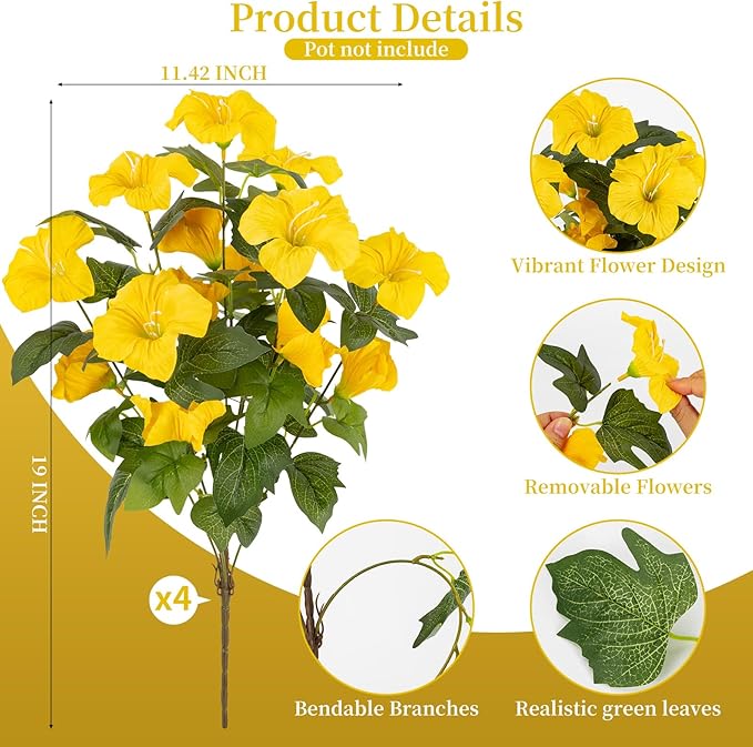 Brlita 19 Inch Artificial Fake Flowers for Outdoor,4 Pcs Faux Silk Petunias Spring Flowers for Outside for Indoor Porch Planter Front Door Garden Patio Window Box Home Decor(Yellow)
