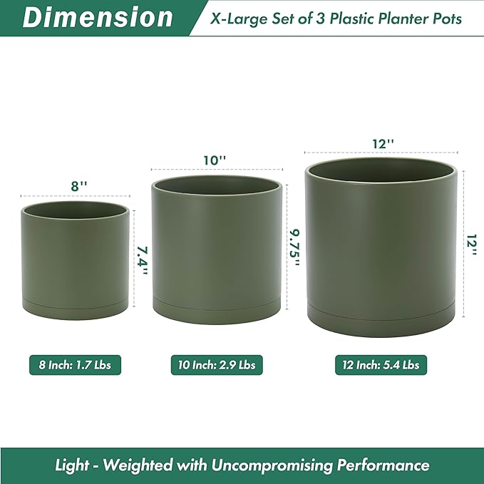 D'vine Dev 8 Inch 10 Inch 12 Inch, Set of 3 Plastic Planter Pots for Plants with Drainage Hole and Seamless Saucers, Olive, X-Large, 74-V-I-5