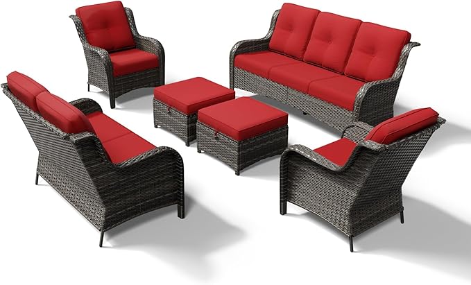 Joyside 6 Piece Wicker Patio Furniture Set, Rattan Patio Chairs with High Back, Deep Seating, Wide Armrest, Thickened Cushions, Outdoor Furniture for Deck, Porch Use