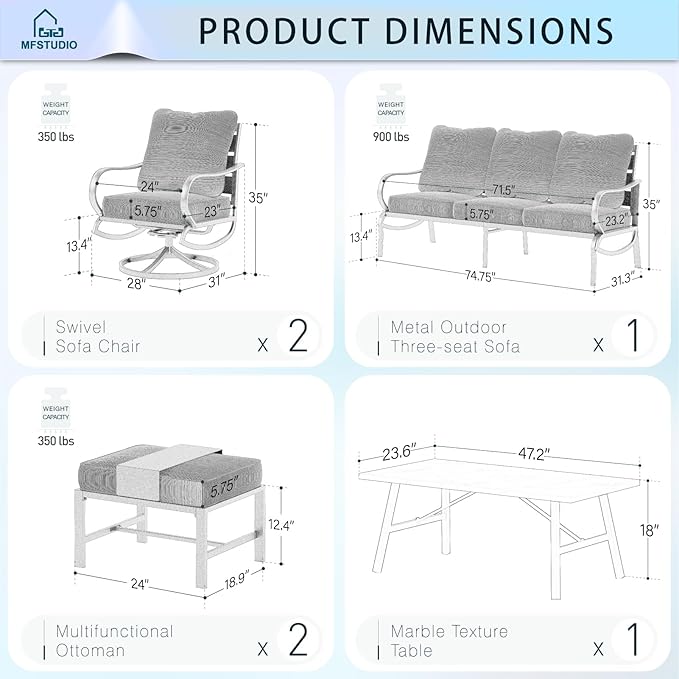 MFSTUDIO 6 Pieces Metal Patio Furniture Sets, 2 Swivel Chair, 1 Deep Seating 3-Seat Sofa, 2 Ottoman & 1 Marbling Coffee Table, All Weather 7 Seats Outdoor Conversation Set for Garden Backyard, Navy