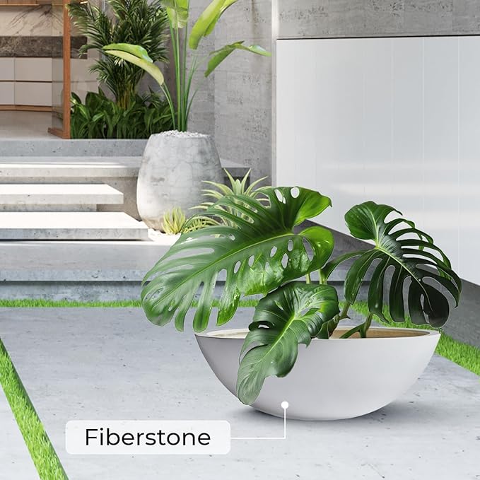 KUTE NEST 7.7" H x 22" D Round Bowl Fiberstone Planter for Succulent and Lotus with Drainage Hole, Smooth Finishes, Weather Resistant, Included 2 Extra Coco Mats (White, 19.9" Pot Opening)