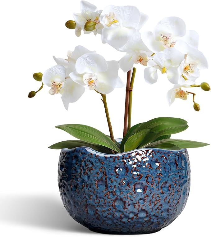 Thirtypot 6 Inch Plant Pot - Ceramic Pots for Plants with Drainage Hole, Round Orchid Pot, Unique Planter for Indoor Outdoor, Modern Decorative Flower Pots, Room Decor, Plant Lovers Gifts, Retro Blue