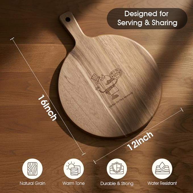 GleeNflux 12" Acacia Wood Charcuterie & Pizza Serving Board Set with Pizza Cutter, Rustic Wooden Board for Cheese, Appetizers & Entertaining, Thoughtful Housewarming Gift