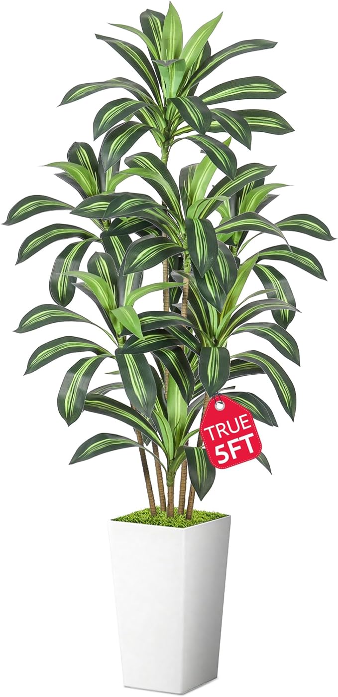 Realistic Artificial Indoor Plant Tree - Tall Fake Dracaena Potted Plant for Home Office Decor, Living Room & Bedroom - Lifelike Faux Plant Tree with Pot-Palm(White, 5FT)