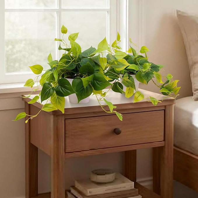 alyptus Fake Pothos Hanging Plants – 33" Set of 2 Faux Ivy Vines Realistic Silk Devil’s Ivy for Indoor Décor, Low Maintenance Artificial Greenery for Home Bathroom or Office - Green with White Pots