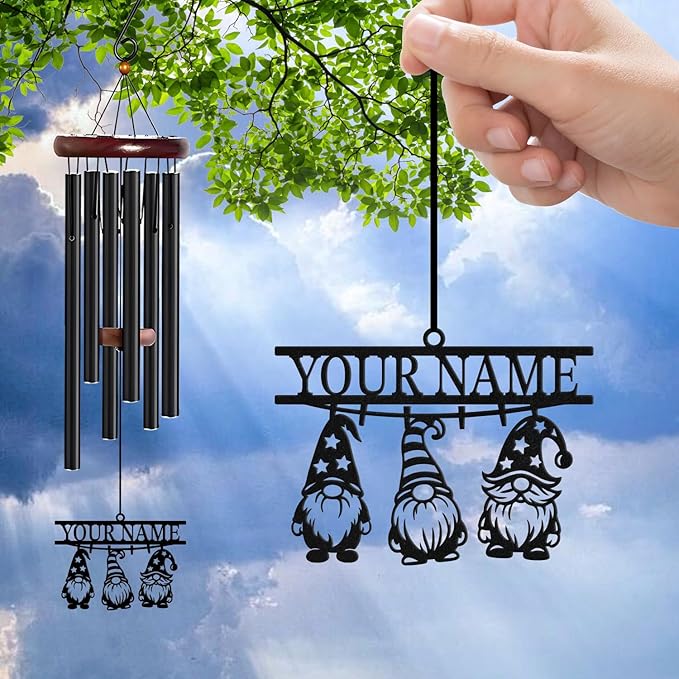 Personalized Customize Name Gnome Wind Chime, Metal Iron 37 Inch Outdoor Memorial Gift for Garden Yard Patio Home Decor, Black，Christmas (Style F)