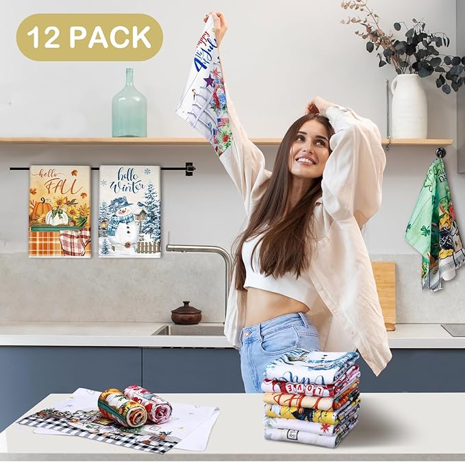 FuWeave 12 Pcs Seasonal Kitchen Towels Set for All Holidays Hand Dish Tea Towels Gift Bulk Valentine's Day Absorbent Dishcloths Housewarming Gift for Cooking Kitchen Bathroom(Fresh Style)