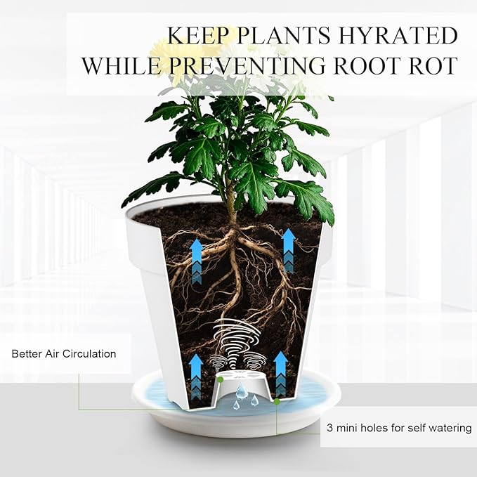 RooTrimmer 3-Pack 8/9/10 Inch Plastic Plant Pots with Saucers – Durable BPA-Free Planters with 21 Drainage Holes, Raised Bottom Breath and Bottom Watering Design for Indoor & Outdoor – White