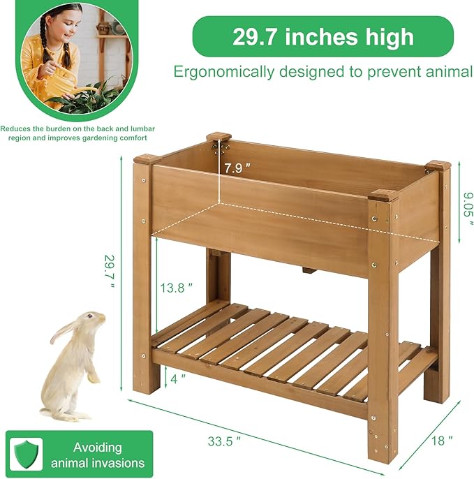 Raised Garden Beds Outdoor With Legs, Wood Elevated Garden Box With L-Connection Tabs，Storage Shelf , Leg Reinforcement，Suitable For Vegetables, Flowers And Herbs, Easy To Assemble, 33.5X18X 30IN