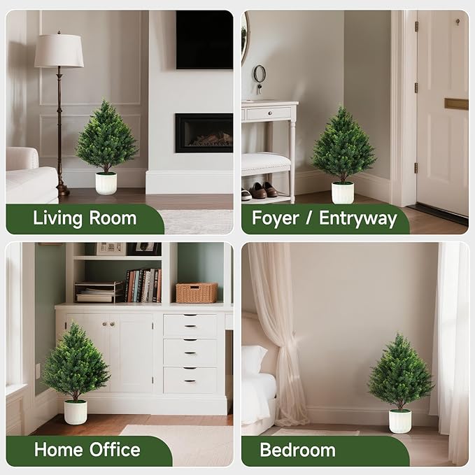 Gladeup 2FT Artificial Cedar Topiary Trees Set of 2 Detachable Planter & Spike,UV Resistant Faux Plants Outdoor and Indoor,Realistic Fake Bushes Pine Tree for Front Porch Decor Patio Offices Green