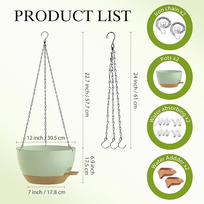 SQKH 12 Inch Hanging Baskets 2 PC with Chains, Self-Watering Hanging Planters for Indoor Outdoor Plants, Plastic Hanging Flower Pots,Green Brown