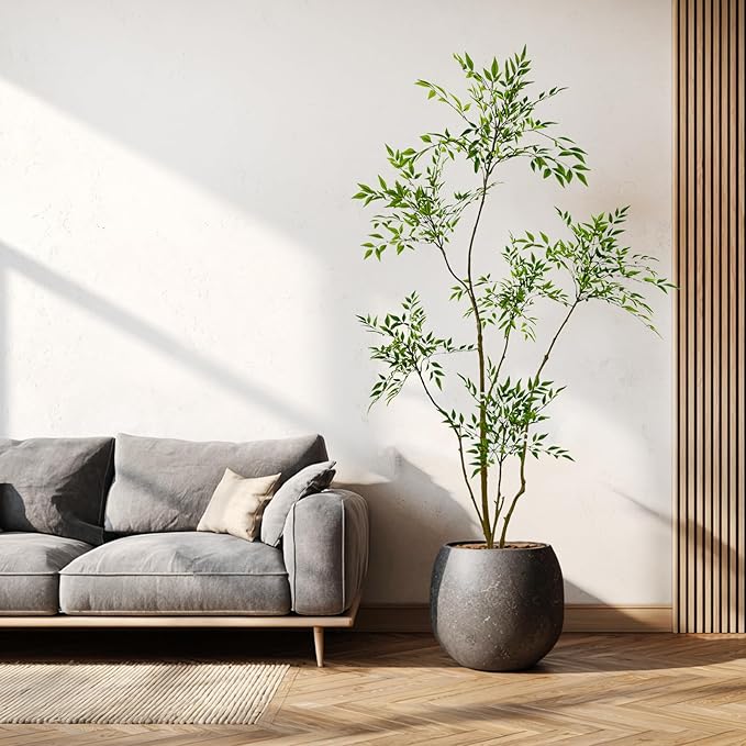 Artificial Nandina Domestica Tree, 6 ft Tall Indoor Plant, Potted Faux Greenery with Natural Stems