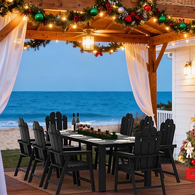 9-Piece Patio Dining Set, Outdoor Dining Set for 8, Large HDPE All-Weather Outdoor Furniture with 89.57” Umbrella Hole Table, 8 Armchairs, Black