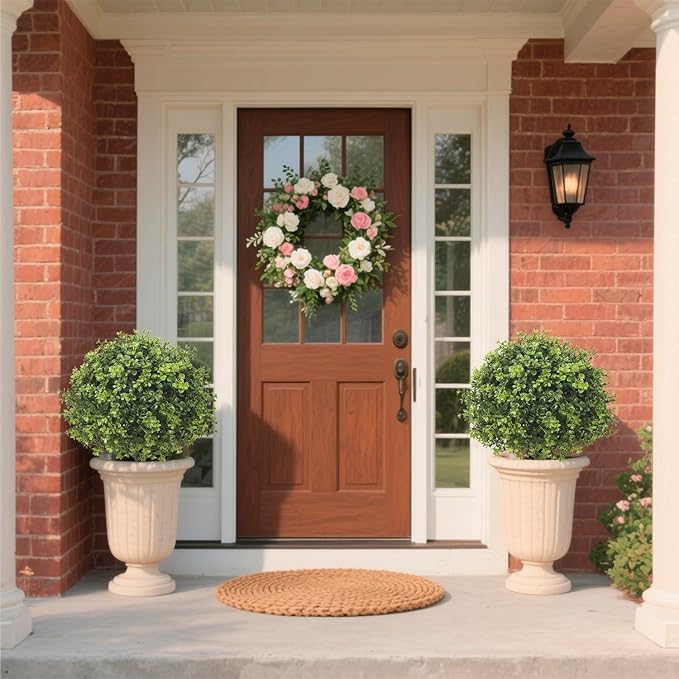R’s Ceder Artificial Boxwood Topiary Ball Trees, 2 Set of 19'' UV Resistant Fake Evergreen Shrubs Bushes Plants with Ground Spike Fake Plants for Outdoor Indoor Front Porch Garden