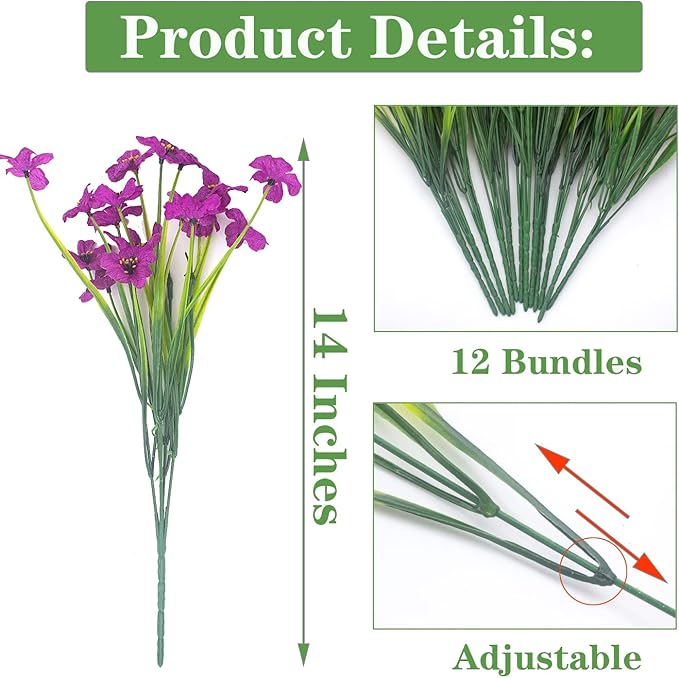 Grunyia 20 Bundles Artificial Flowers Outdoor UV Resistant Fake Flowers (Deep Purple)