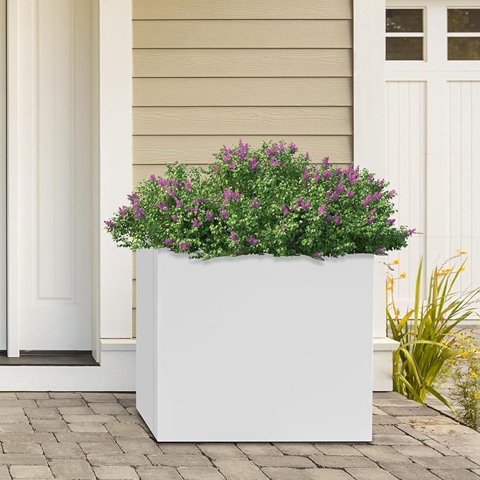 16~32inch Steel Planter Square Outdoor Planters Box Indoor Metal Large Planters Cube, Heavy Duty Flower Pot Modern for Commercial Residential Home Garden Porch Hotel Patio (White, 20×20×20in)