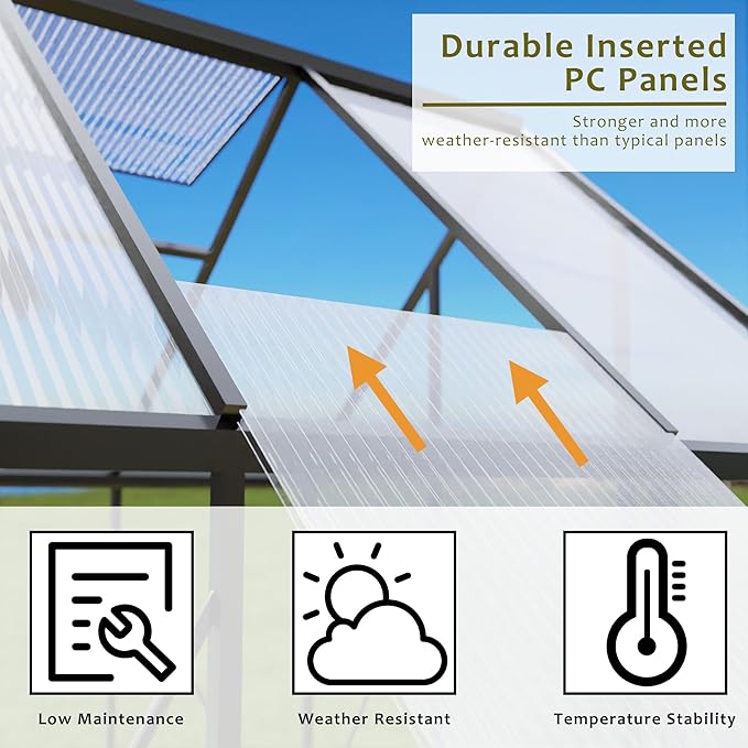 HOOYEAH 6 x 8 FT Polycarbonate Greenhouse, Winter Greenhouses for Outdoors,Outdoor Greenhouse with Roof Air Vent, Heavy Duty Walk-in Aluminum Green House for Outside Garden Backyard