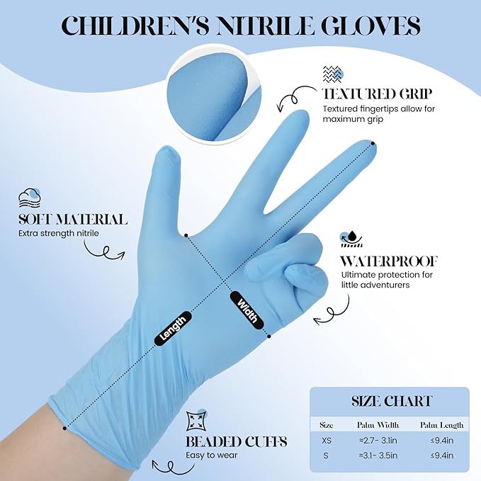 Kids Nitrile Gloves for 6-10 Years, 5Mil Blue Disposable Gloves Latex-Free Powder-Free, Durable and Waterproof for Work, Cleaning, Cooking, Gardening, Painting