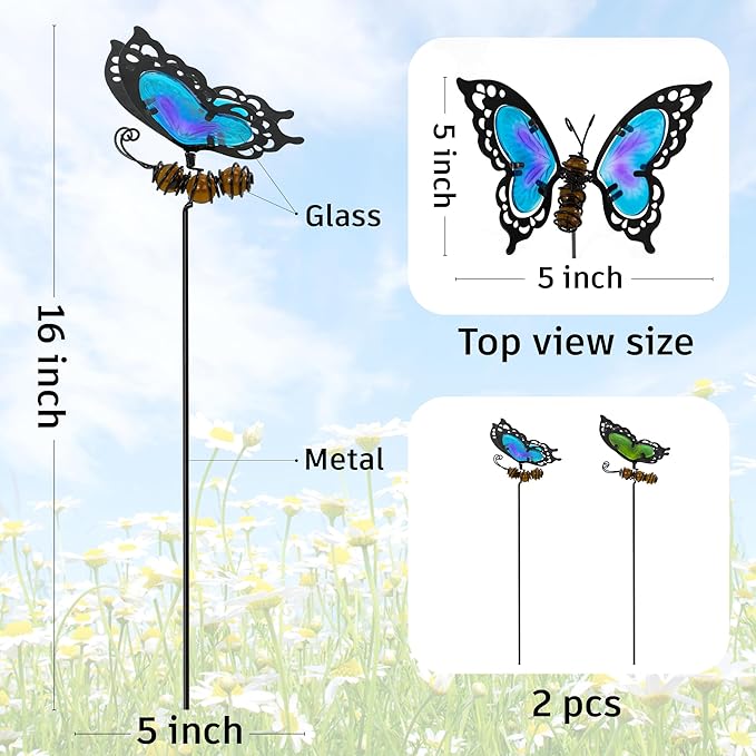 Voumsil Butterfly Garden Stakes,Butterfly Kit Made of Glass and Metal,Colorful Butterflies Garden Decorations Can Make The Garden Full of Color and Vitality. (Blue and Green)