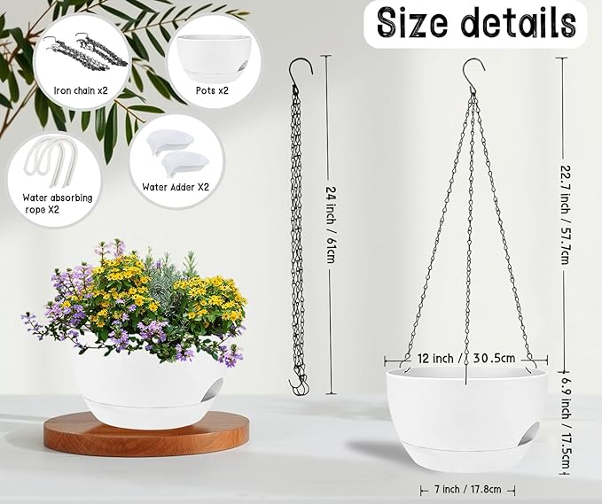 zople 2 Pack 12 Inch Large Hanging Planters with Chains Self Watering White Plastic Hanging Pots for Indoor Outdoor Plants, Garden Porch Home Decor，White