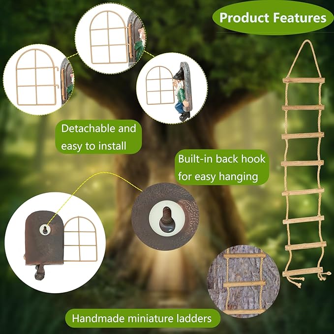 Garden Gnomes Decoration Outdoor tree faces decor with Hanging Ladder for Yard, Elf Out The Door Tree Hugger Resin Garden Sculpture Peeker Yard Art Ornament Whimsical Gnome Decor for Patio Yard Lawn
