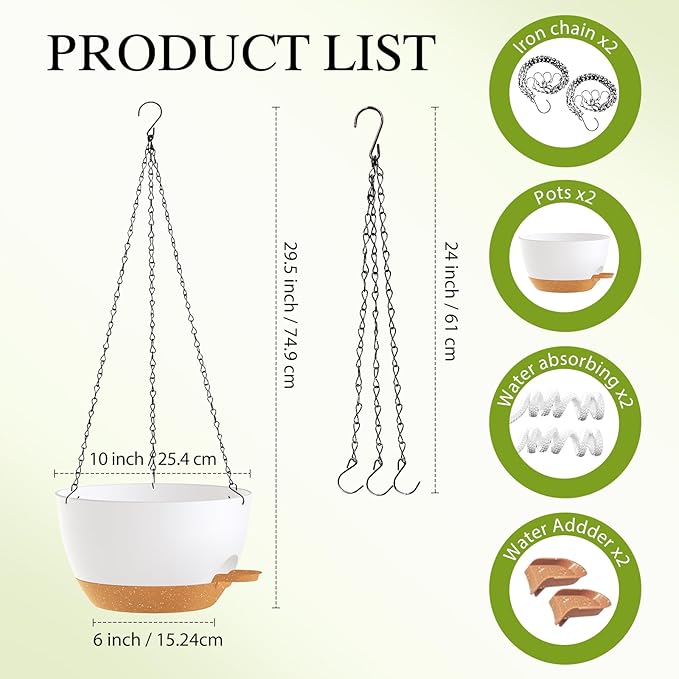 SQKH 10 Inch Hanging Baskets 2 PC with Chains, Self-Watering Hanging Planters for Indoor Outdoor Plants, Plastic Hanging Flower Pots,White Brown