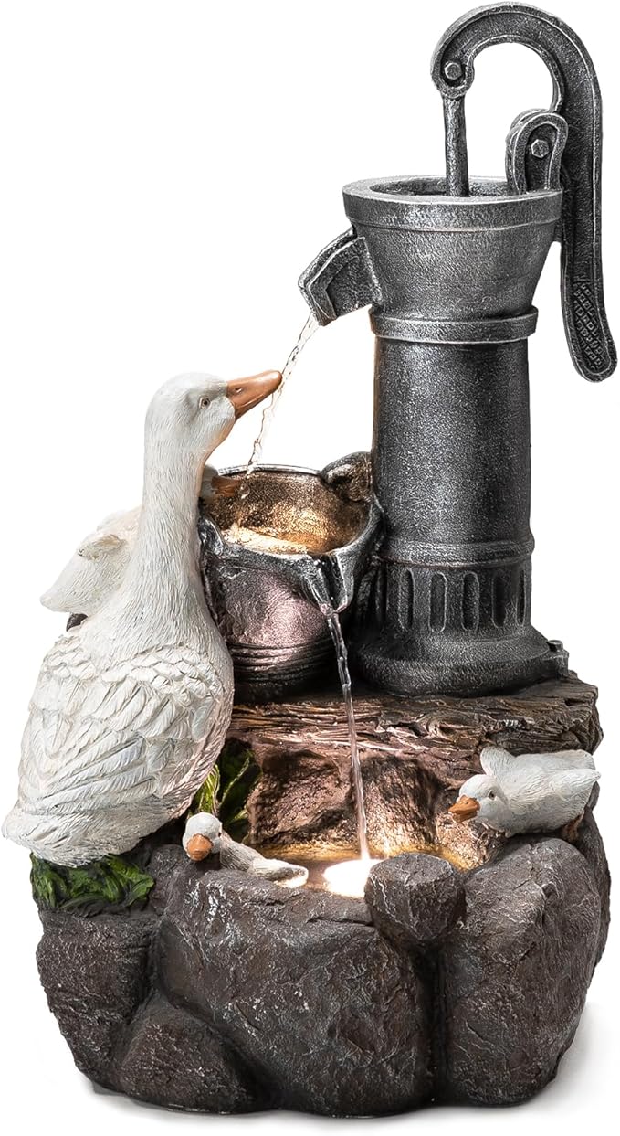 Glitzhome Cute Duck Family Playing Fountain Polyresin Outdoor Decoration with Pump and LED Light, 23.50" H