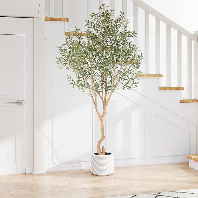Nafresh Tall Faux Olive Tree，8ft（96in） Realistic Potted Silk Artificial Olive Tree， Fake Olive Trees Indoor with Green Leaves and Big Fruits for Home Office Living Room Stairs Patio Decor.