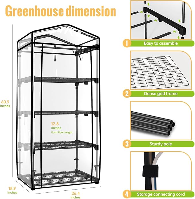 Indoor Greenhouse with Grow Light, 4 Tier, 1.6FT 80W Full Spectrum Grow Light with Timer, Portable Plant Shelves with Waterproof PVC Cover for Seed Starting, 26.4L X 19W X 61H