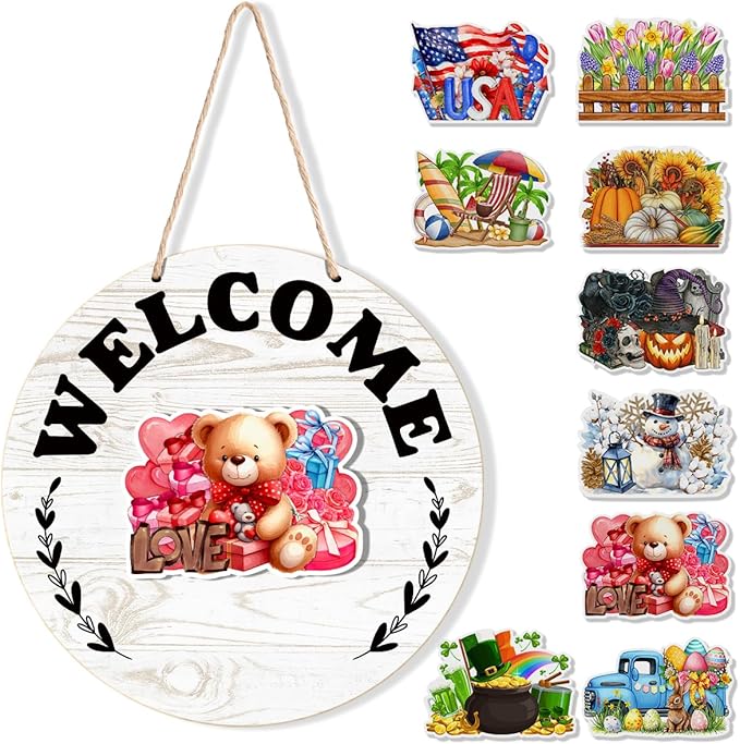 Interchangeable Seasonal Welcome Sign Valentine's Day Front Door Decoration, Rustic Round Wood Wreath Porch Decor, Changeable Welcome Sign for Spring Summer Fall Winter All Seasons Holiday, White